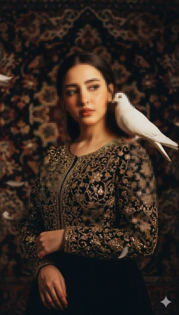 Elegant woman in black and gold embroidered dress with white dove on shoulder