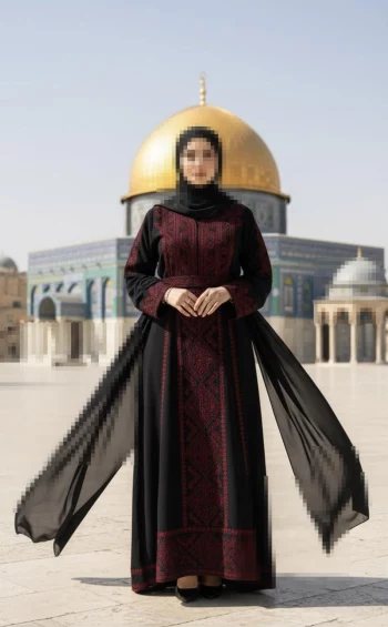 Elegant woman in black and red traditional dress standing before Dome of the Rock