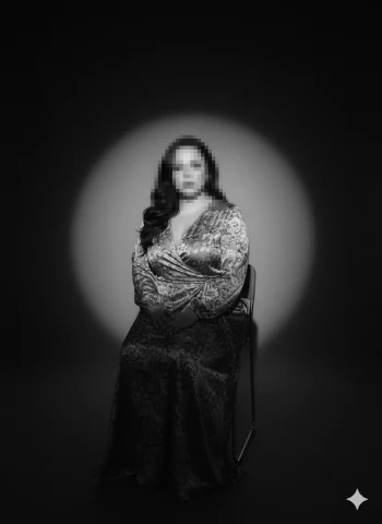 Elegant Woman in Black and White Portrait Sitting Under Dramatic Spotlight