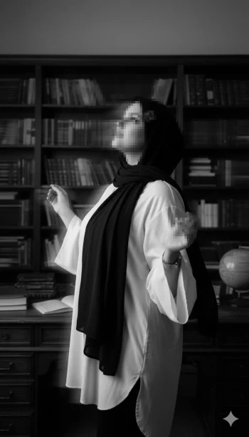 Elegant woman in black and white portrait standing in front of bookshelf