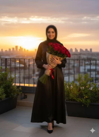 Elegant woman in black dress holding red roses bouquet at sunset rooftop
