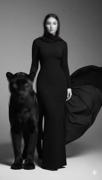 Elegant woman in black dress standing confidently beside a majestic black panther