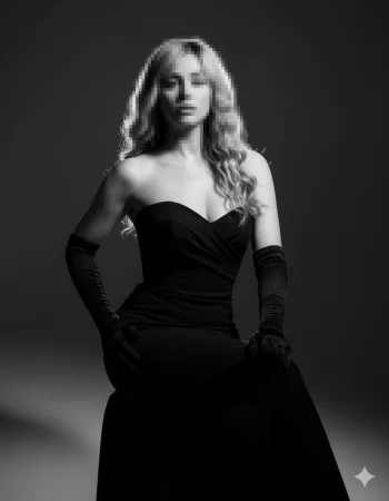 Elegant woman in black evening gown posing in classic black and white portrait