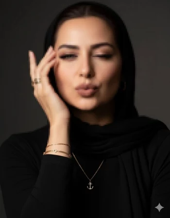Elegant woman in black hijab posing playfully with gold jewelry and confident style