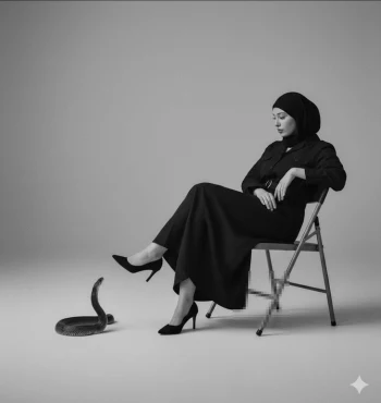 Elegant woman in black hijab sitting calmly near cobra in monochrome studio scene