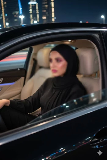Elegant Woman in Black Hijab Sitting in Luxury Car at Night City Lights