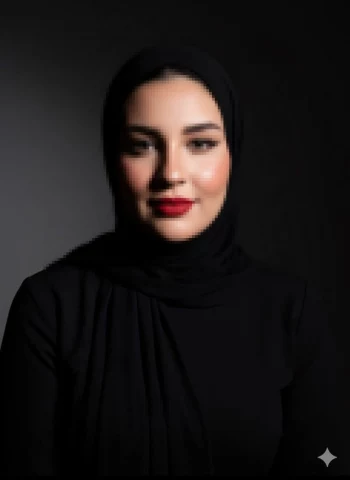 Elegant woman in black hijab with red lipstick in a professional studio portrait