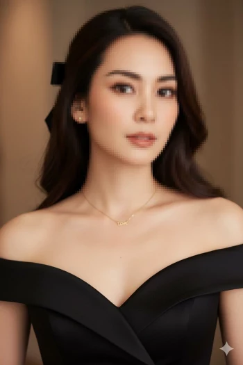 Elegant woman in black off shoulder dress wearing gold love necklace