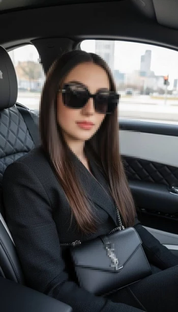 Elegant woman in black outfit and sunglasses sitting inside luxury car