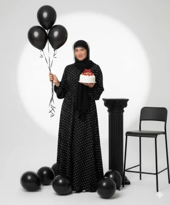 Elegant woman in black polka dot dress holding birthday cake and black balloons