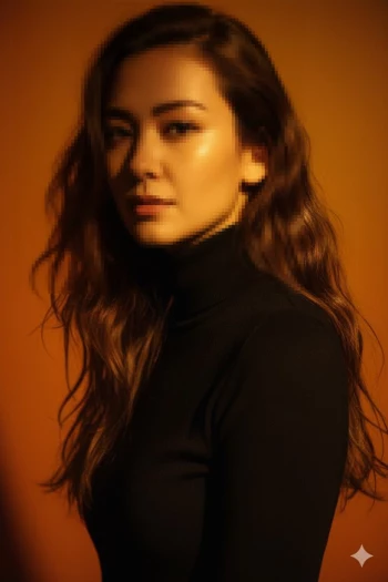Elegant Woman in Black Turtleneck with Warm Golden Lighting Portrait