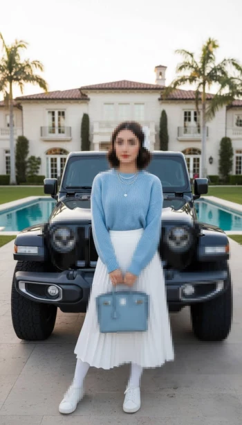 Elegant woman in blue sweater and white skirt posing in front of luxury car