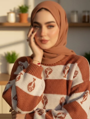 Elegant woman in brown hijab and striped sweater in warm natural light