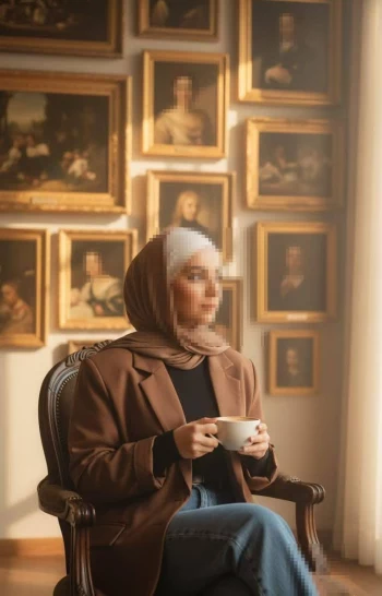 Elegant Woman in Brown Hijab Enjoying Coffee in Art Gallery with Classic Paintings