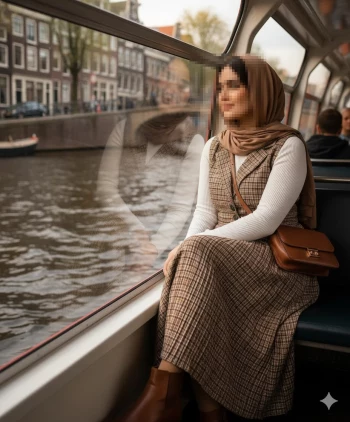 Elegant woman in brown hijab enjoying peaceful boat ride by the canal