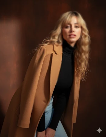 Elegant woman in camel coat and black turtleneck posing against brown background