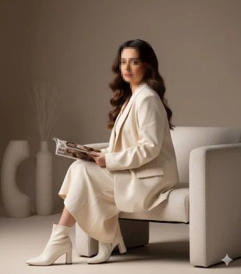 Elegant Woman in Cream Outfit Reading Magazine in Minimalist Room