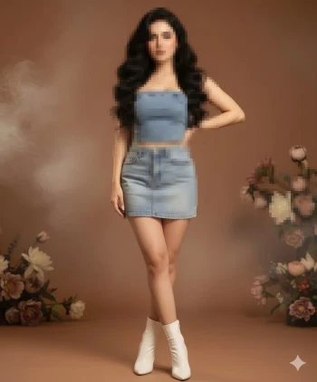 Elegant woman in denim outfit posing confidently with floral background in studio