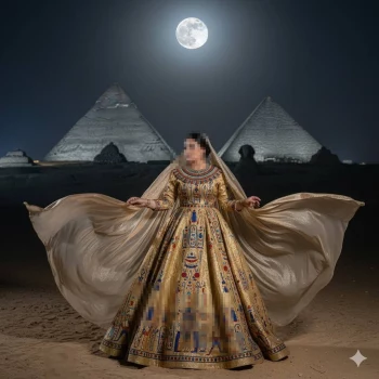 Elegant Woman in Egyptian Golden Dress Posing Under Full Moon by Pyramids