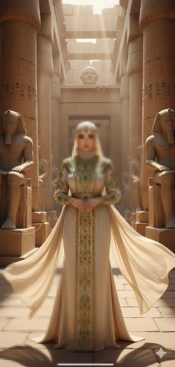 Elegant woman in Egyptian-inspired gown standing among ancient temple columns