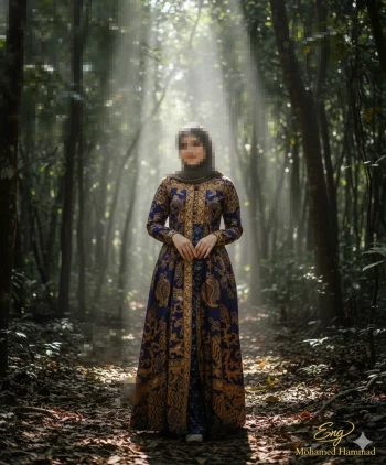 Elegant woman in golden and blue embroidered dress standing in sunlit forest
