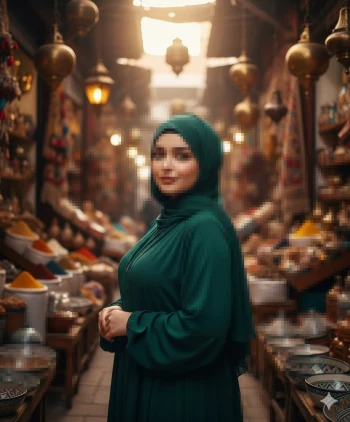 Elegant woman in green hijab standing in traditional Middle Eastern market