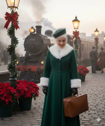 Elegant woman in green winter coat holding suitcase at vintage train station