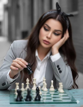 Elegant Woman in Grey Blazer Playing Chess and Thinking Strategically