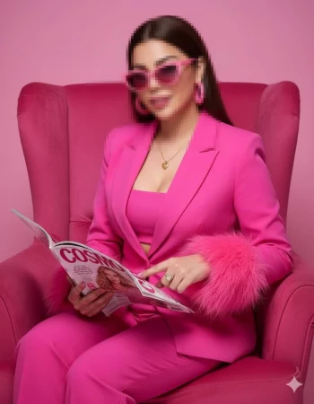 Elegant woman in hot pink suit reading magazine in monochrome pink setting