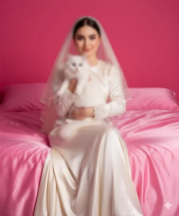 Elegant woman in ivory dress holding white cat on pink bed background