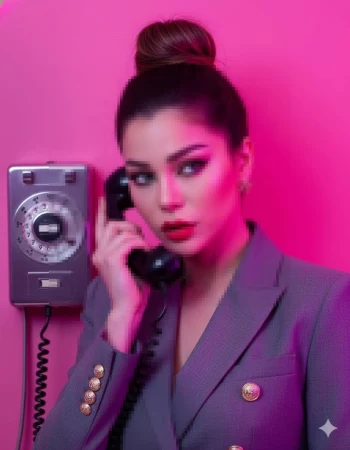 Elegant woman in lavender blazer talking on vintage phone with pink background