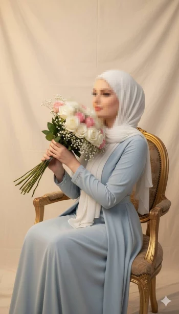 Elegant Woman in Light Blue Dress Holding Bouquet of Roses