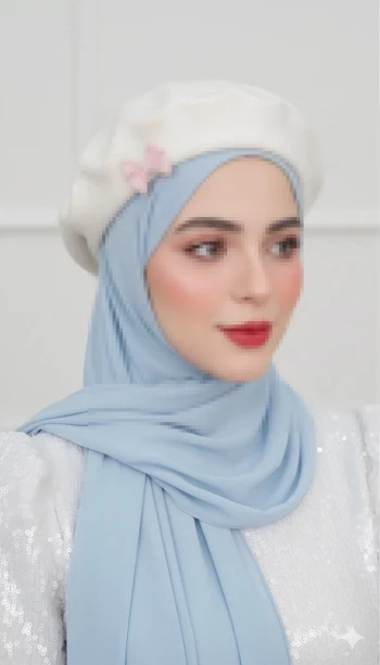 Elegant Woman in Light Blue Hijab and White Beret with Pink Bow