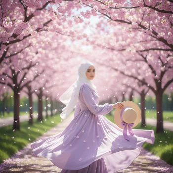 Elegant Woman in Lilac Dress Under Cherry Blossom Trees in Spring