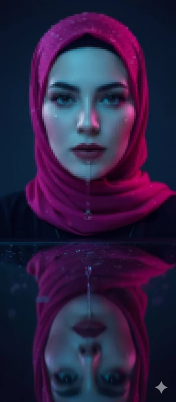 Elegant woman in magenta hijab with water reflections under neon pink and blue light