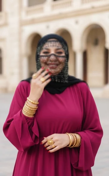 Elegant Woman in Maroon Abaya and Gold Jewelry Wearing Beaded Face Veil