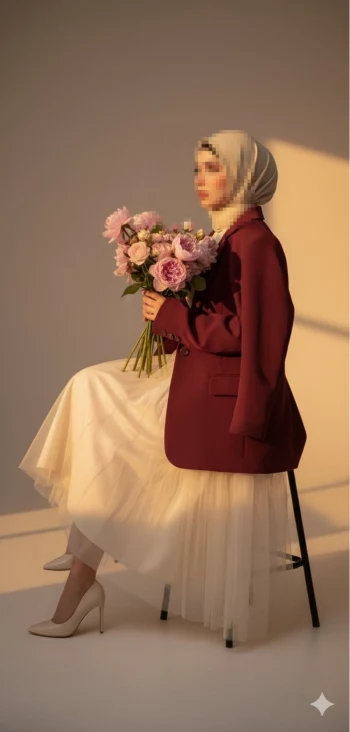 Elegant woman in maroon blazer holding pink flowers in soft golden sunlight