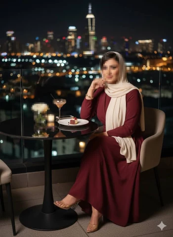 Elegant Woman in Maroon Dress with Headscarf Dining at Rooftop Restaurant Overlooking City Lights
