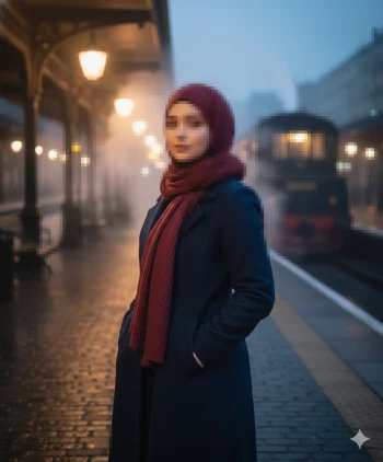 Elegant woman in maroon hijab standing on misty train platform at dusk