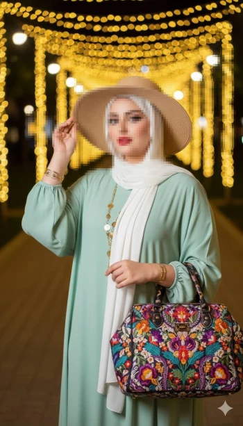 Elegant woman in mint green abaya and white hijab under golden night lights