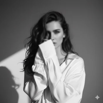Elegant woman in oversized white shirt posing in black and white studio light