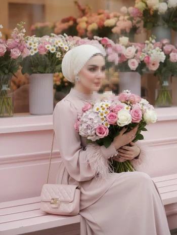 Elegant woman in pastel pink dress holding bouquet of roses and daisies