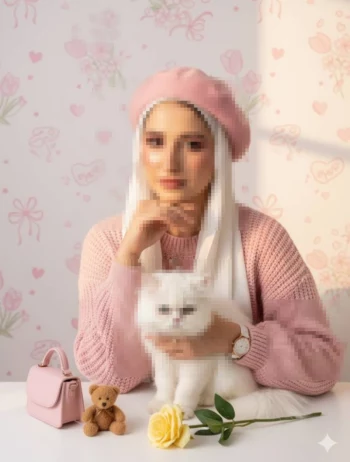 Elegant Woman in Pink Beret and Hijab Holding a White Cat Indoors