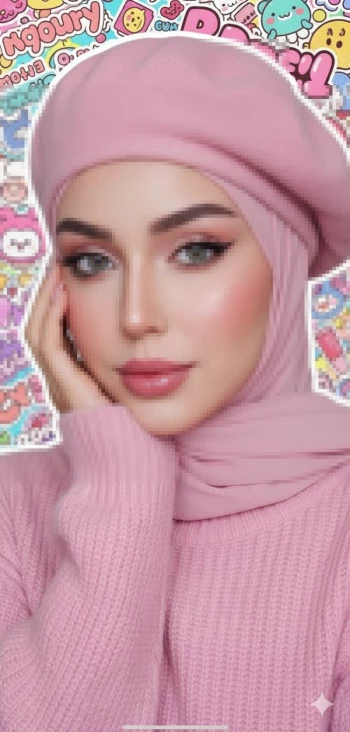 Elegant woman in pink beret and hijab posing against colorful kawaii background