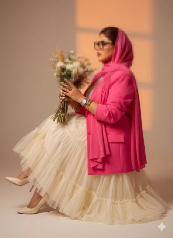 Elegant woman in pink blazer and cream skirt holding flowers in soft studio light