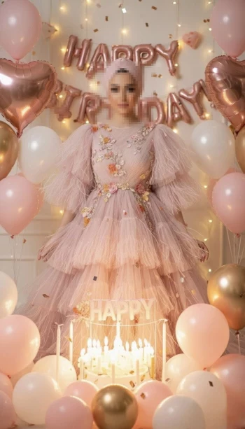 Elegant woman in pink dress celebrating birthday with balloons and cake