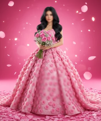 Elegant woman in pink floral gown holding rose bouquet on pink background