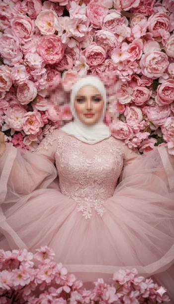 Elegant woman in pink floral gown surrounded by blooming roses and peonies