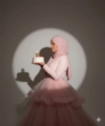 Elegant woman in pink hijab holding 21st birthday cake under soft spotlight