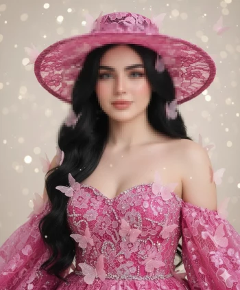Elegant woman in pink lace dress and hat adorned with delicate butterflies